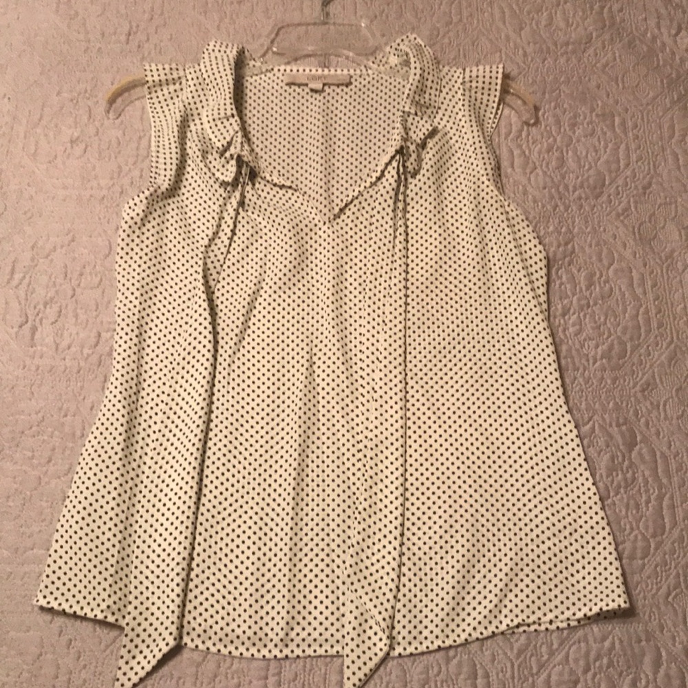 Loft white polka dot sleeveless V-neck blouse